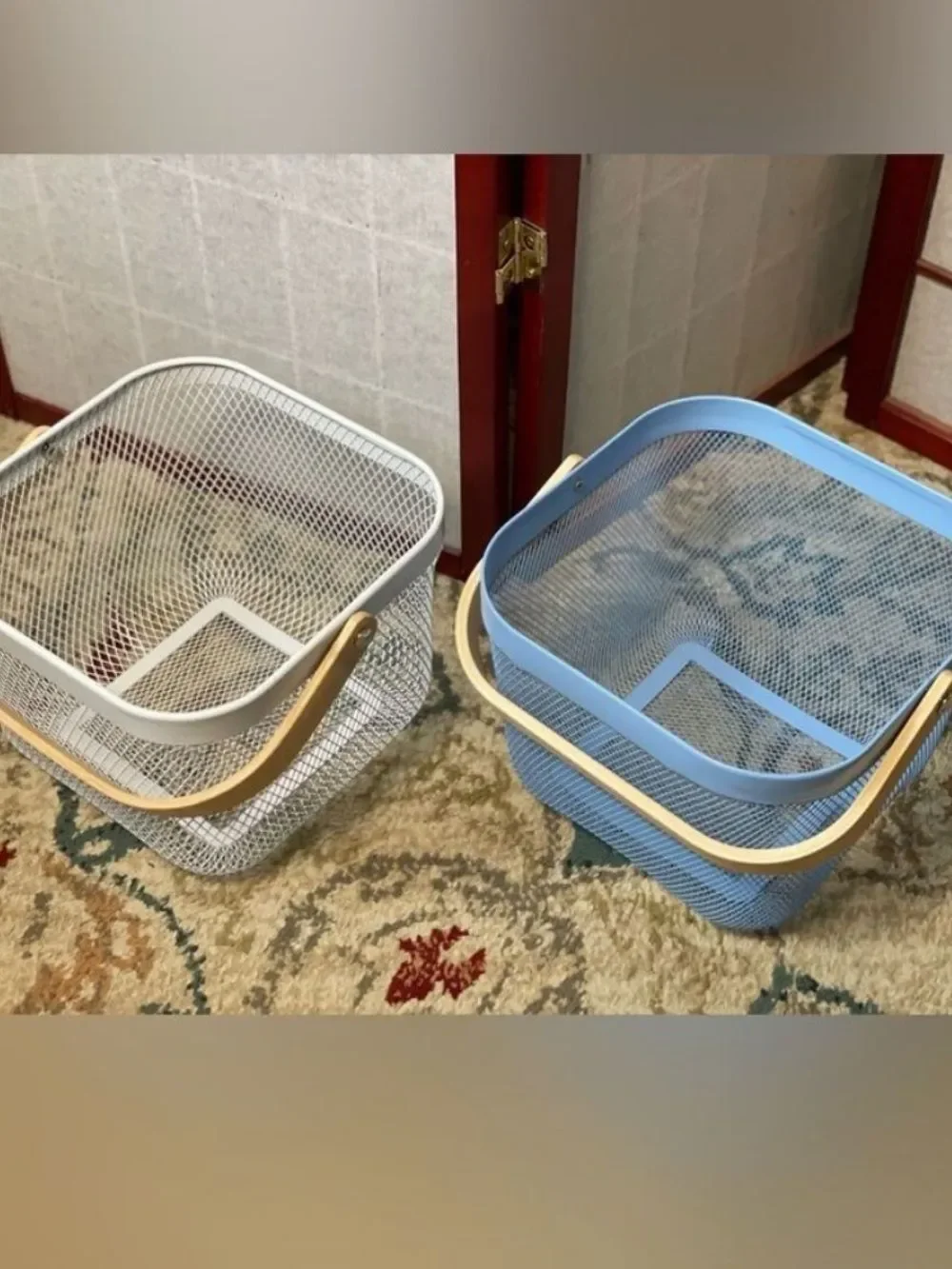 Blue & White Metal Storage Baskets with Natural Wood Handles - Home Accents
